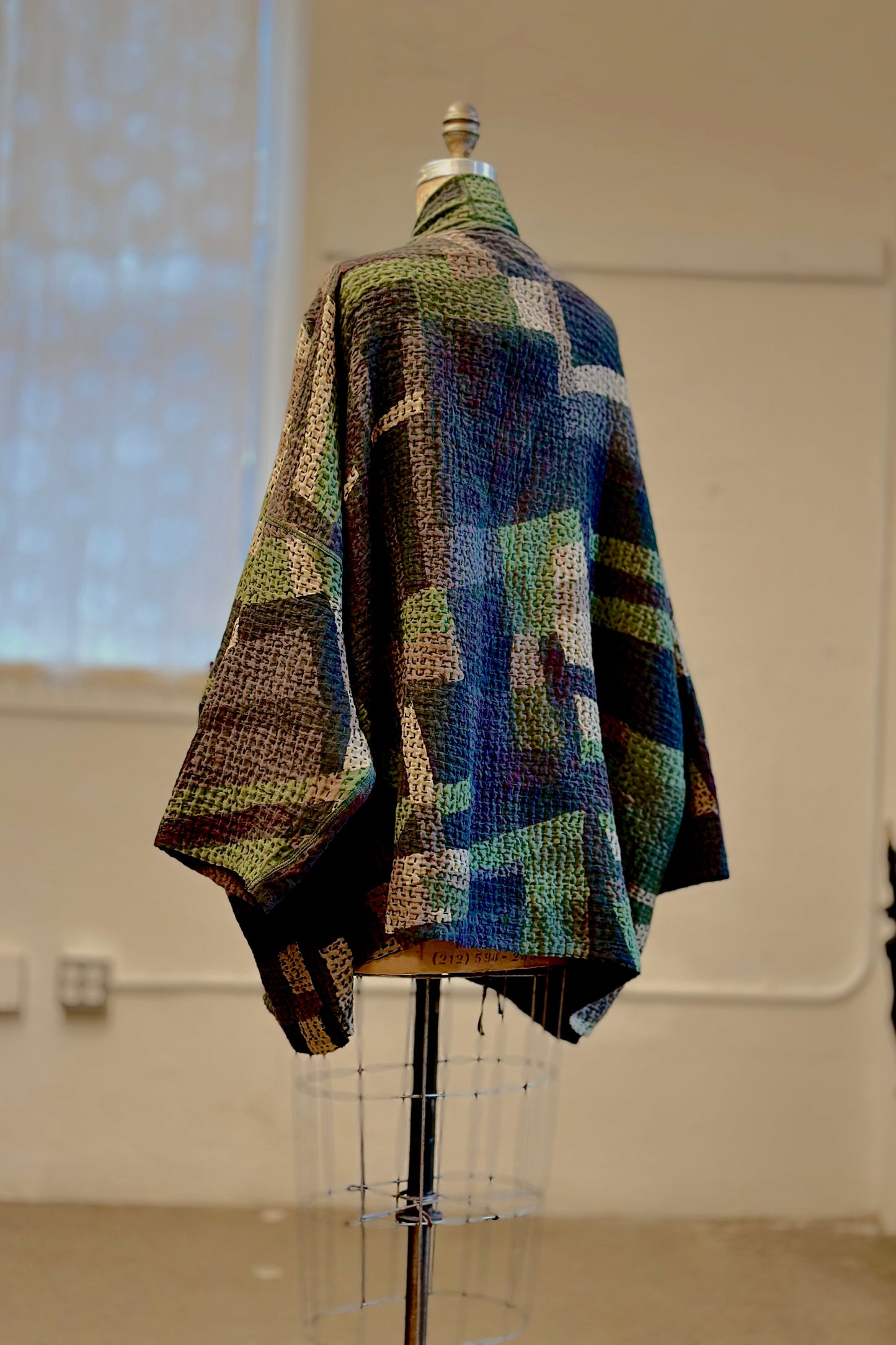 ABSTRACT WAFFLE KANTHA KIMONO WRAP SHORT - bw3358-grn -