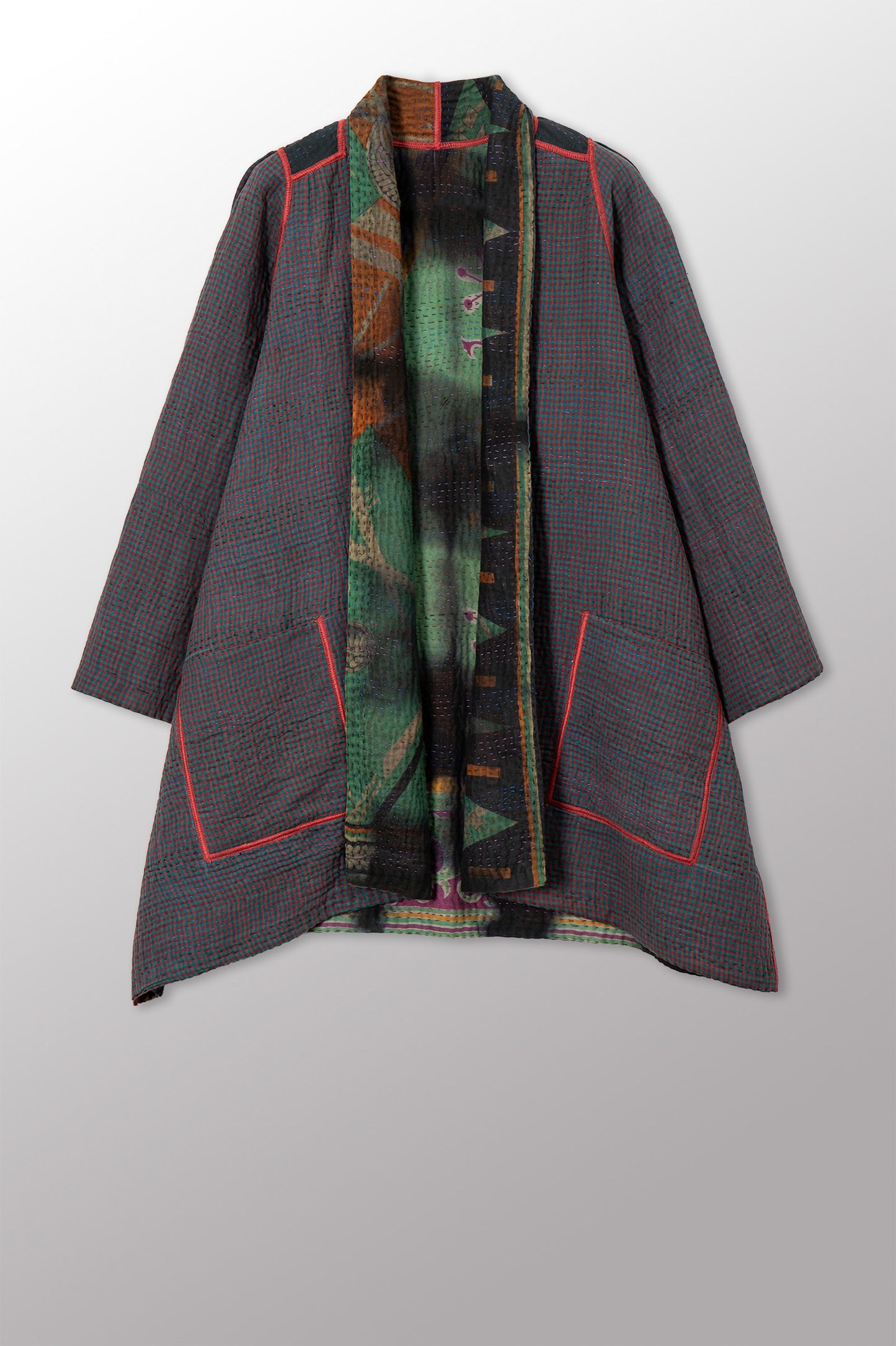 VINTAGE COTTON GREY CLAMP TIE DYE KANTHA A-LINE JACKET - su4003-0004a -