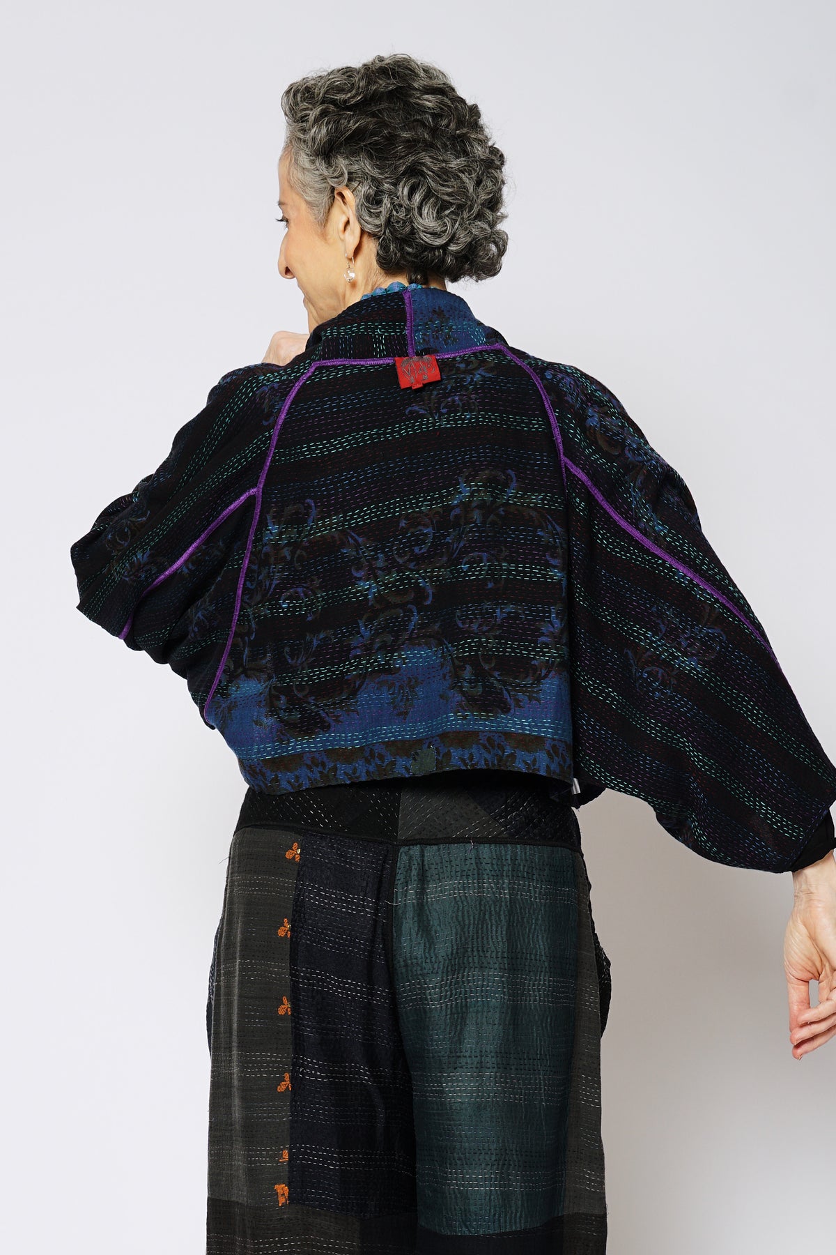 VINTAGE SILK GEORGETTE COTTON KANTHA PUFF SLV. SHRUG - gc2062-0005a -