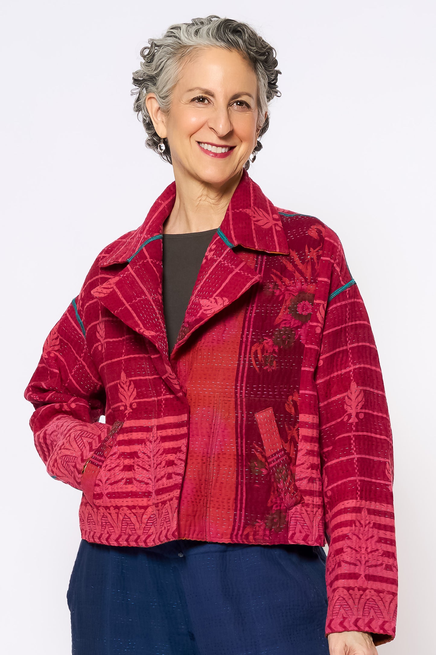 COTTON OVERDYE KANTHA NEW LAPELED SHORT JACKET - ov4j101-cpik001s -