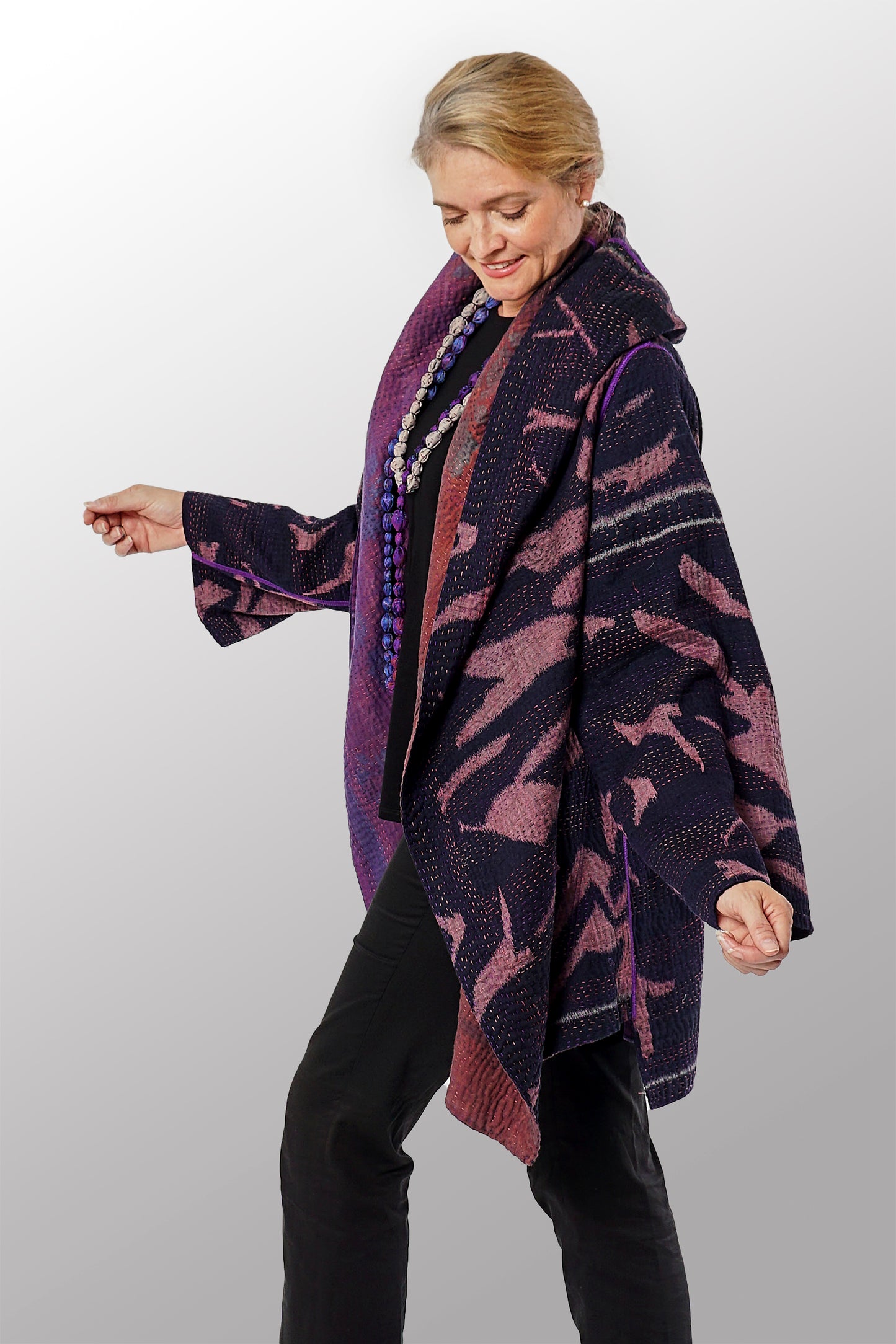 WOVEN HANDLOOM IKAT WITH OMBRE KANTHA HOODED A-LINE COAT - wh4341-prp -