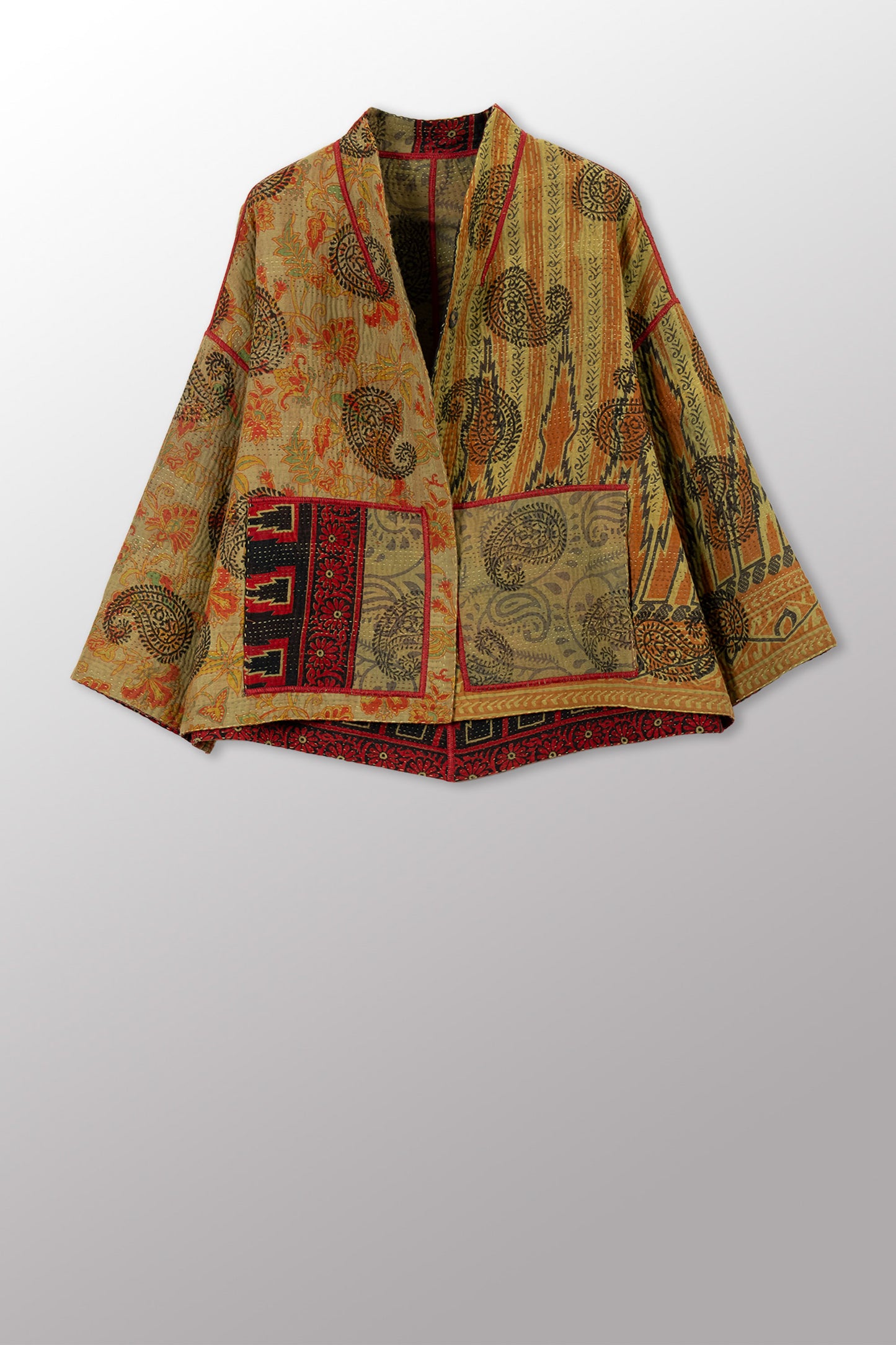 COTTON OVERDYE KANTHA STAND COLLAR CROPPED JKT - ov4034-cgrn001a -