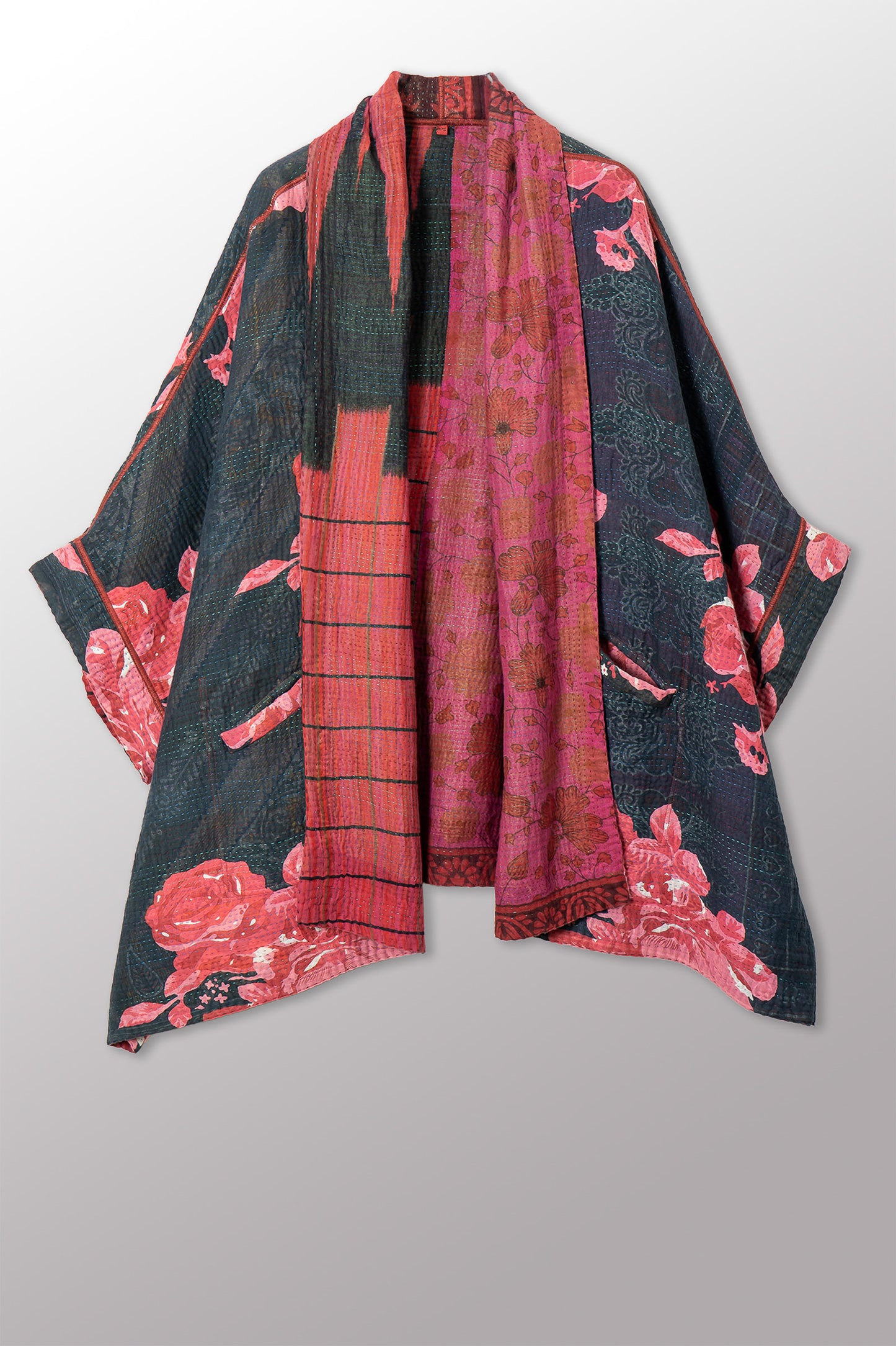 VINTAGE COTTON KANTHA DOUBLE COLLAR PONCHO - cv4323-0058a -