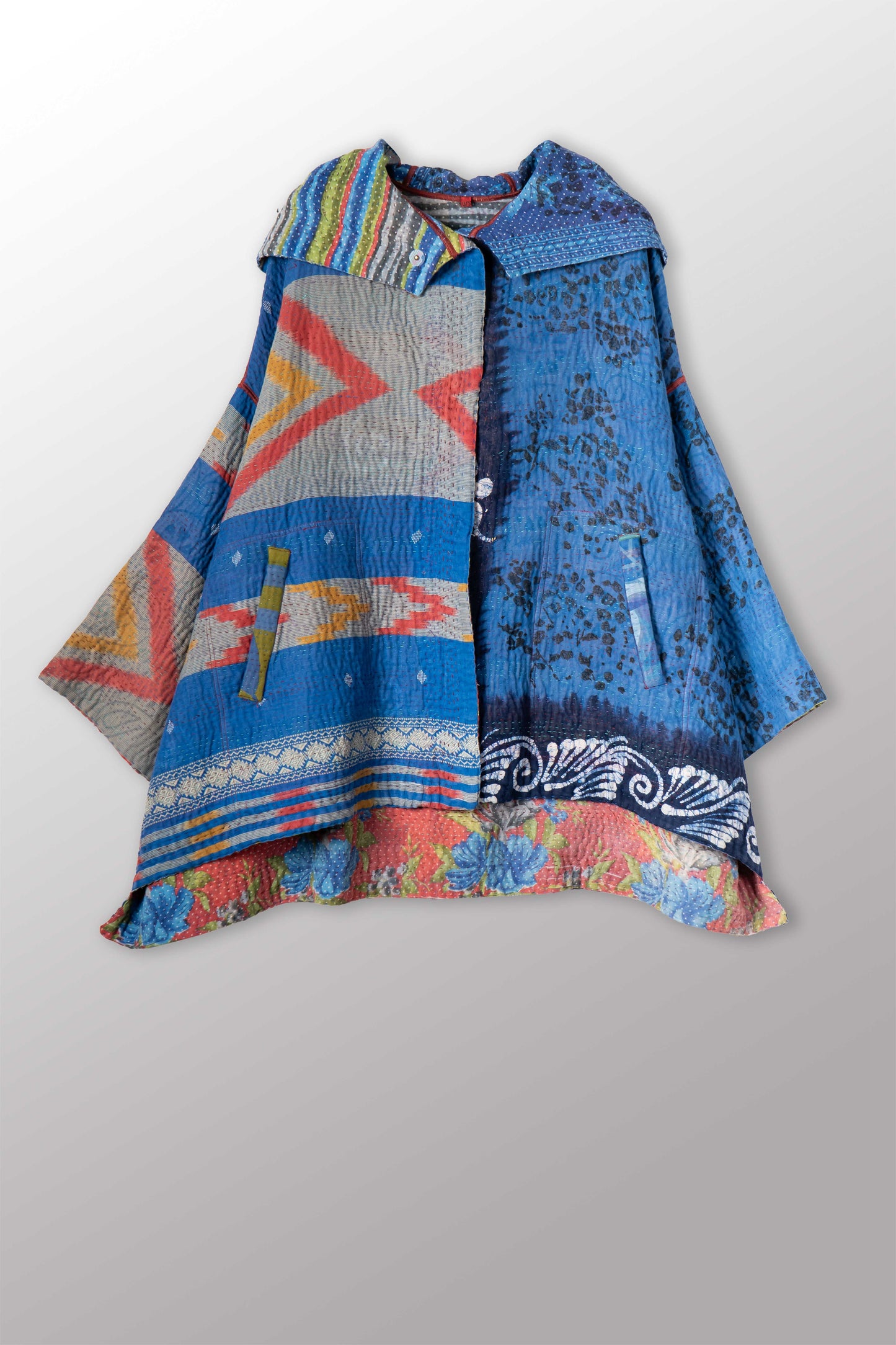 VINTAGE COTTON KANTHA HOODIE PONCHO - cv4064-0035a -