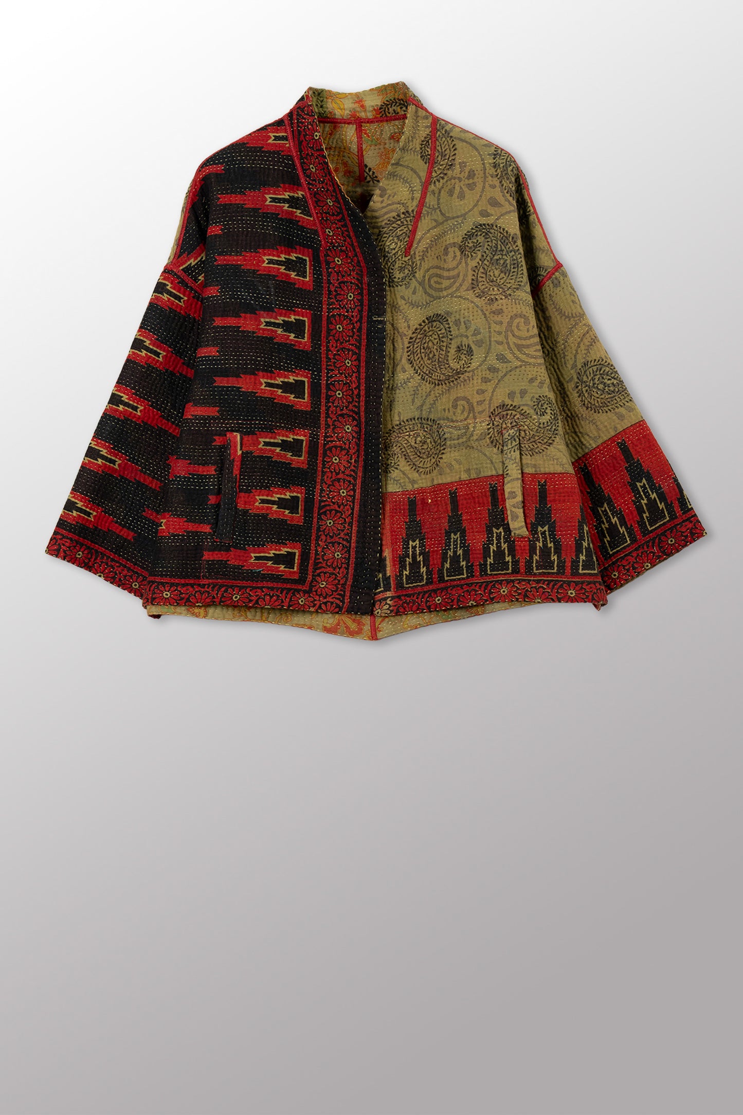 COTTON OVERDYE KANTHA STAND COLLAR CROPPED JKT - ov4034-cgrn001a -