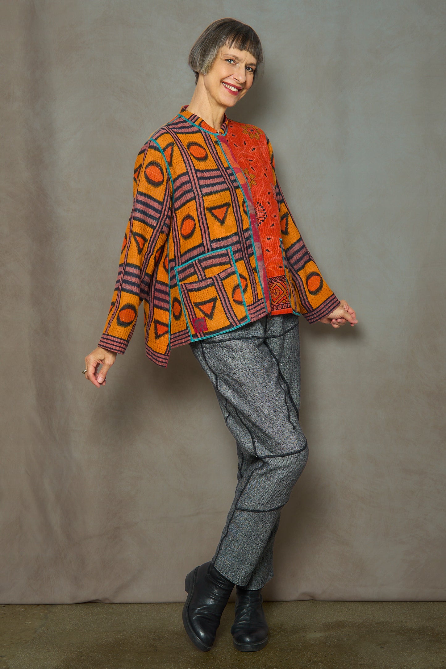 VINTAGE COTTON KANTHA KAFTAN JACKET SHORT - cv4088-0005s -