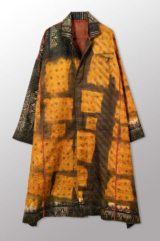 VINTAGE PRINTED SILK CLAMP DYE WITH JACQUARD KANTHA NEW OVERSIZED COAT - sk4342-0003a -