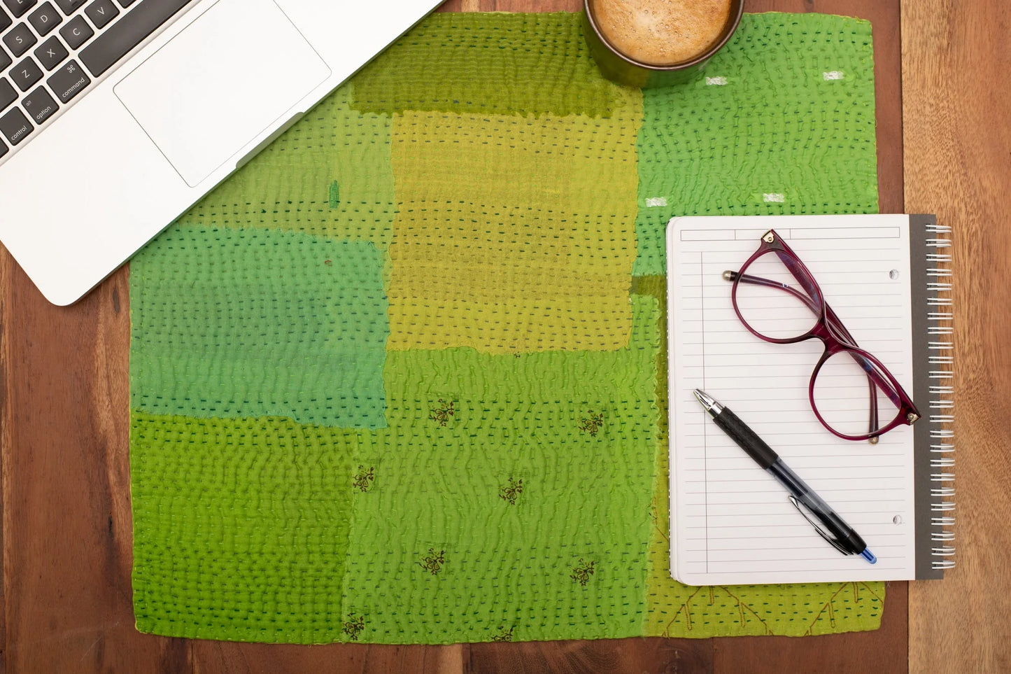 Mosaic Fray Handmade Vintage Kantha Placemat -Lime Green (Set of 2)