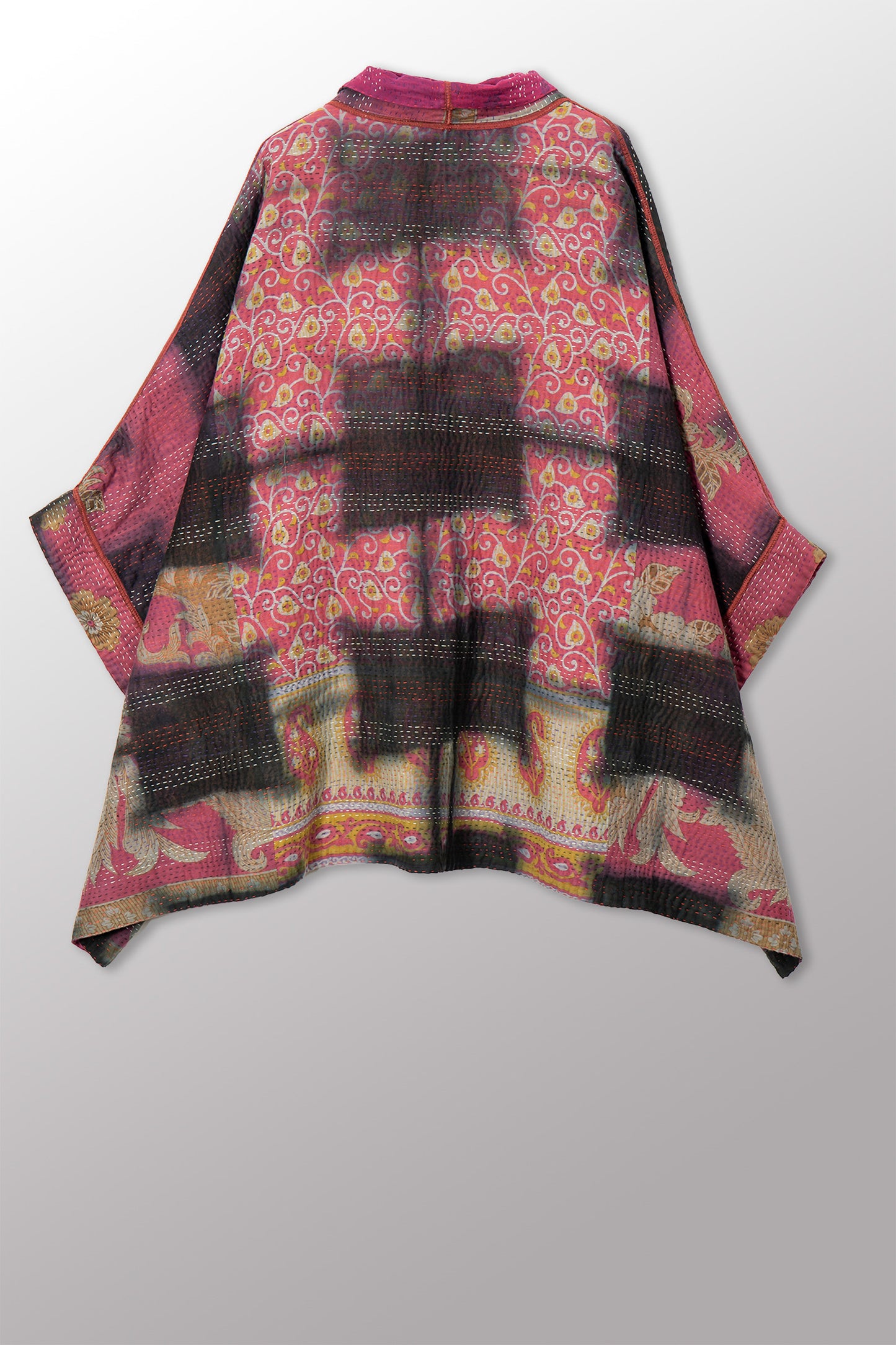VINTAGE COTTON GREY CLAMP TIE DYE KANTHA DOUBLE COLLAR PONCHO - su4323-0002a -