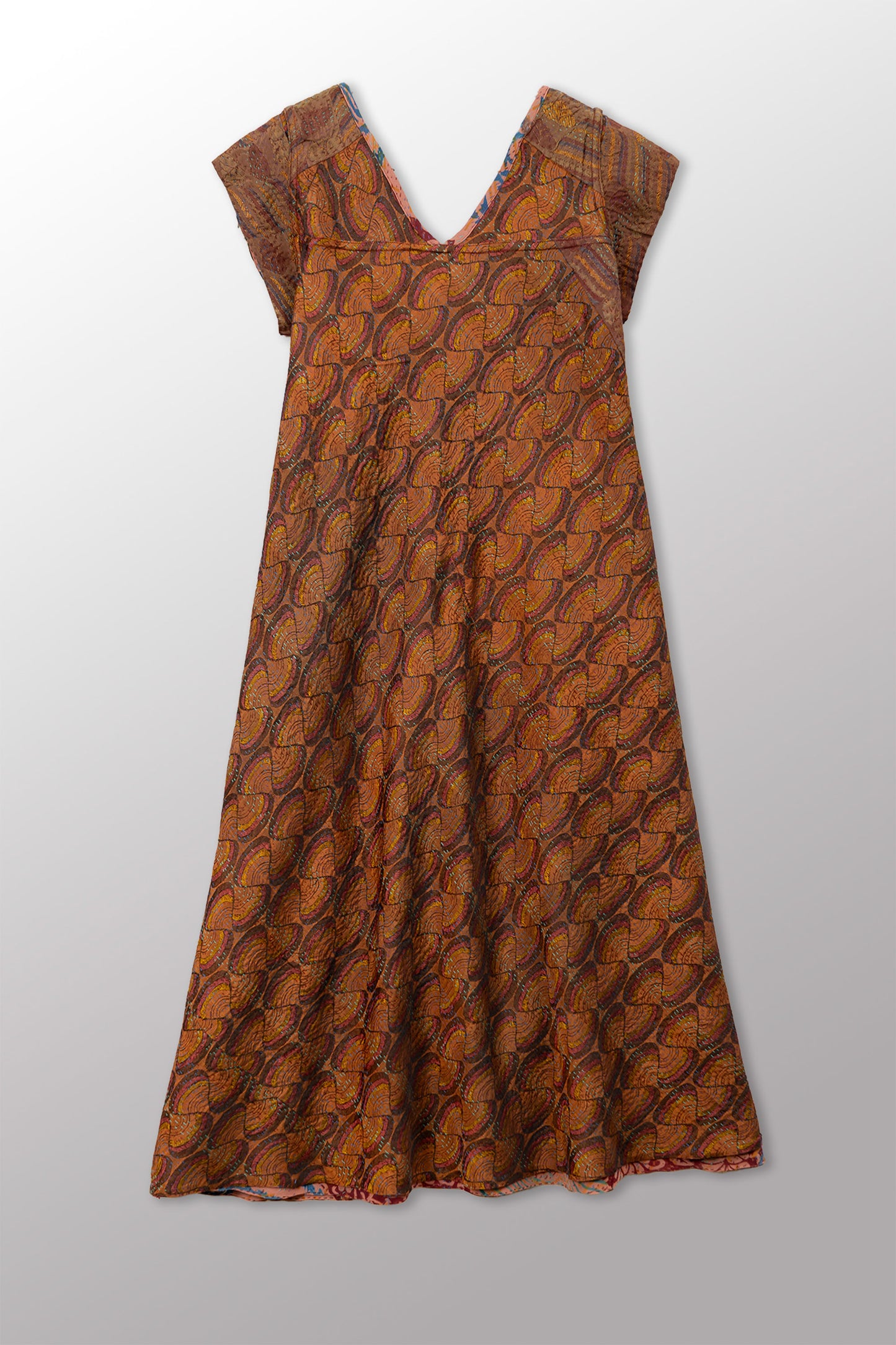 GEORGETTE JACQUARD VINTAGE SILK PATCH KANTHA CAP SLV. FLARE DRESS - gj2425-0001m -