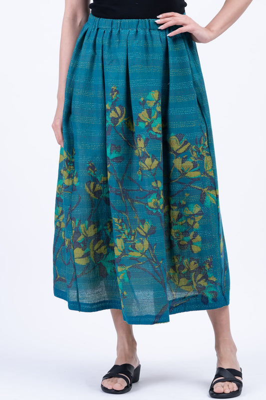 BLOOMING FLOWERS KANTHA TUCKED GATHER SKIRT - bf2663-blu -