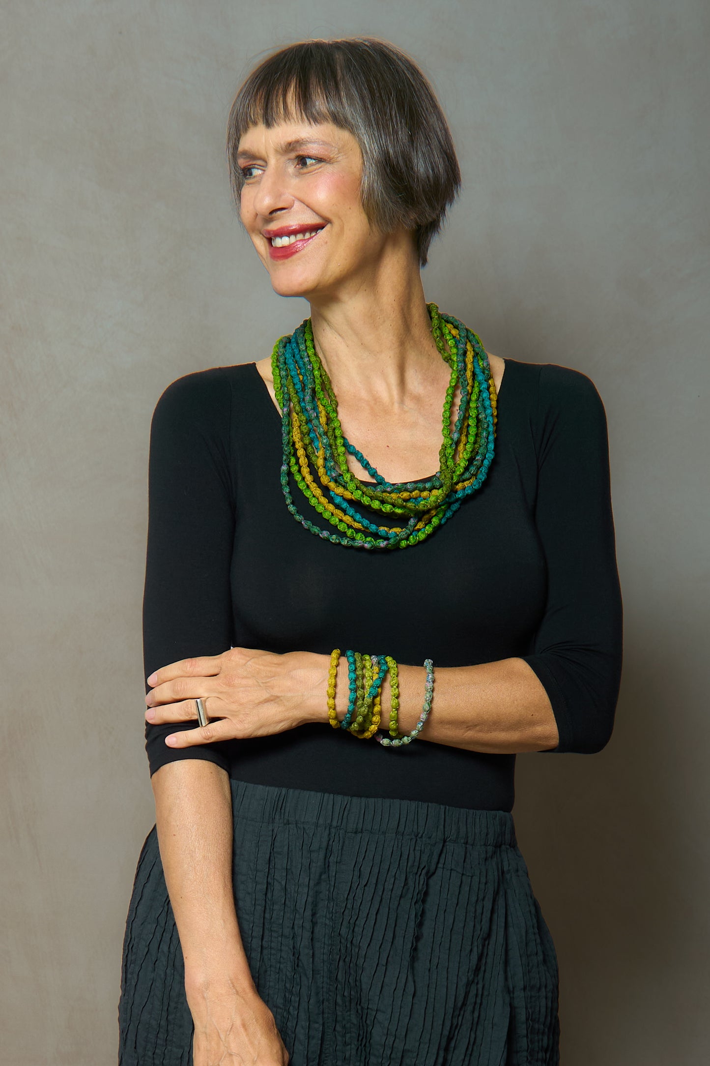 VINTAGE SILK KANTHA 5 STRAND NECKLACE - sv2730-grn -