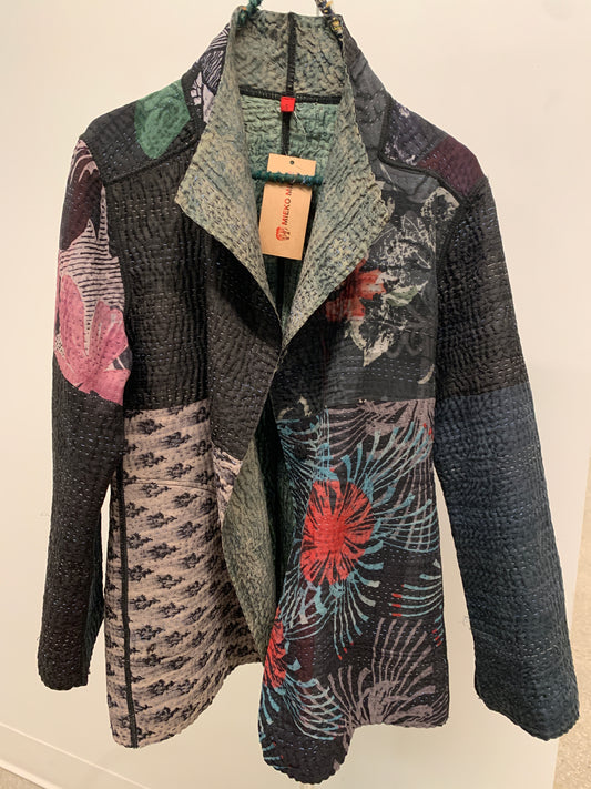GEORGETTE JACQUARD VINTAGE SILK PATCH KANTHA SHORT JACKET - gj4007-blk -