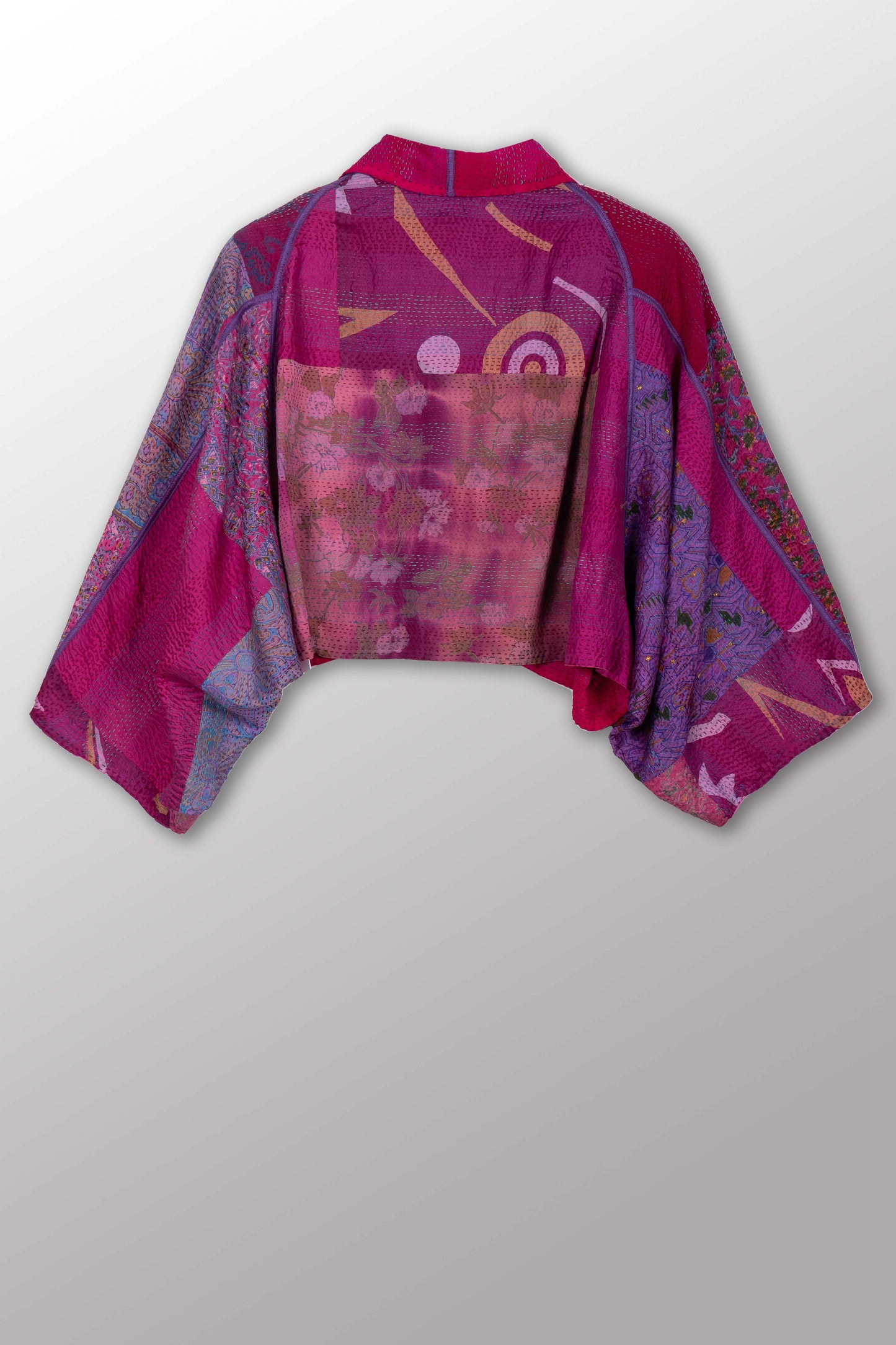 GEORGETTE VINTAGE SILK PATCH KANTHA PUFF SLV. SHRUG - gs2062-pik -
