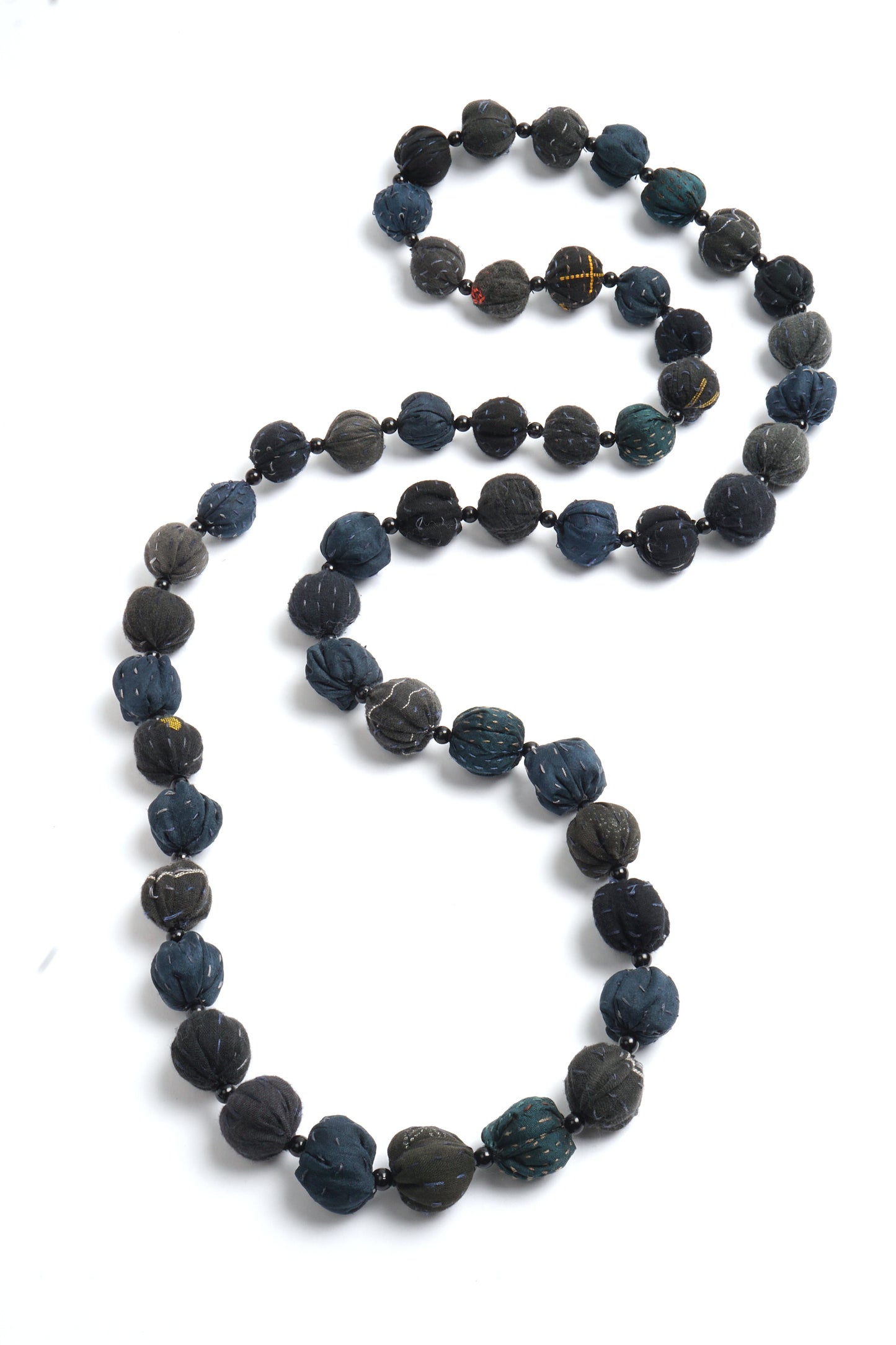 COTTON SILK SW PATCH KANTHA SMALL NUTS LONG NECKLACE - ws2706-blk -