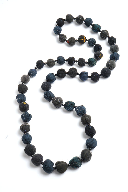 COTTON SILK SW PATCH KANTHA SMALL NUTS LONG NECKLACE - ws2706-blk -