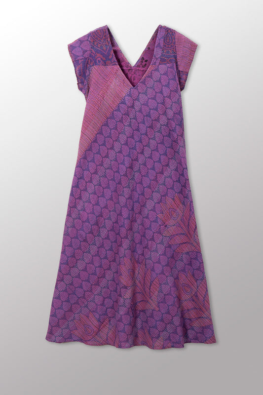 VINTAGE COTTON & NEW VOILE KANTHA CAP SLV. FLARE DRESS - cn2425-0010m -
