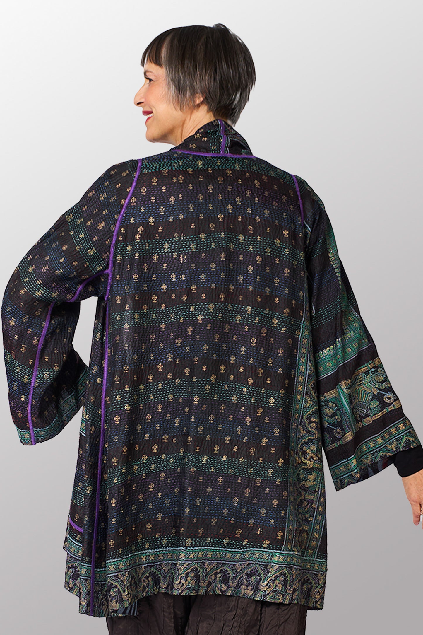 VINTAGE SILK GEORGETTE KANTHA A-LINE JKT - sg2003-0012a -