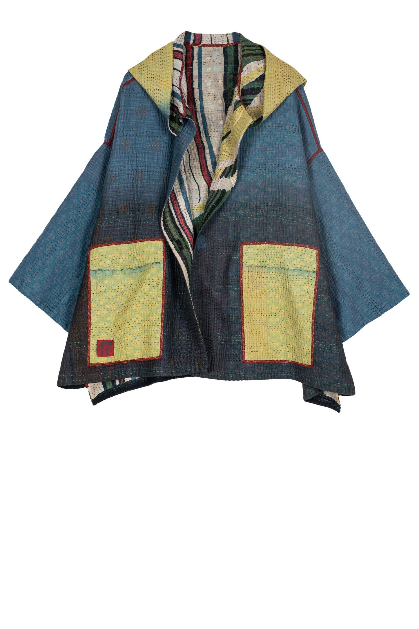 STRIPE AND BENDS KANTHA HOODIE PONCHO - sb4064-grn -