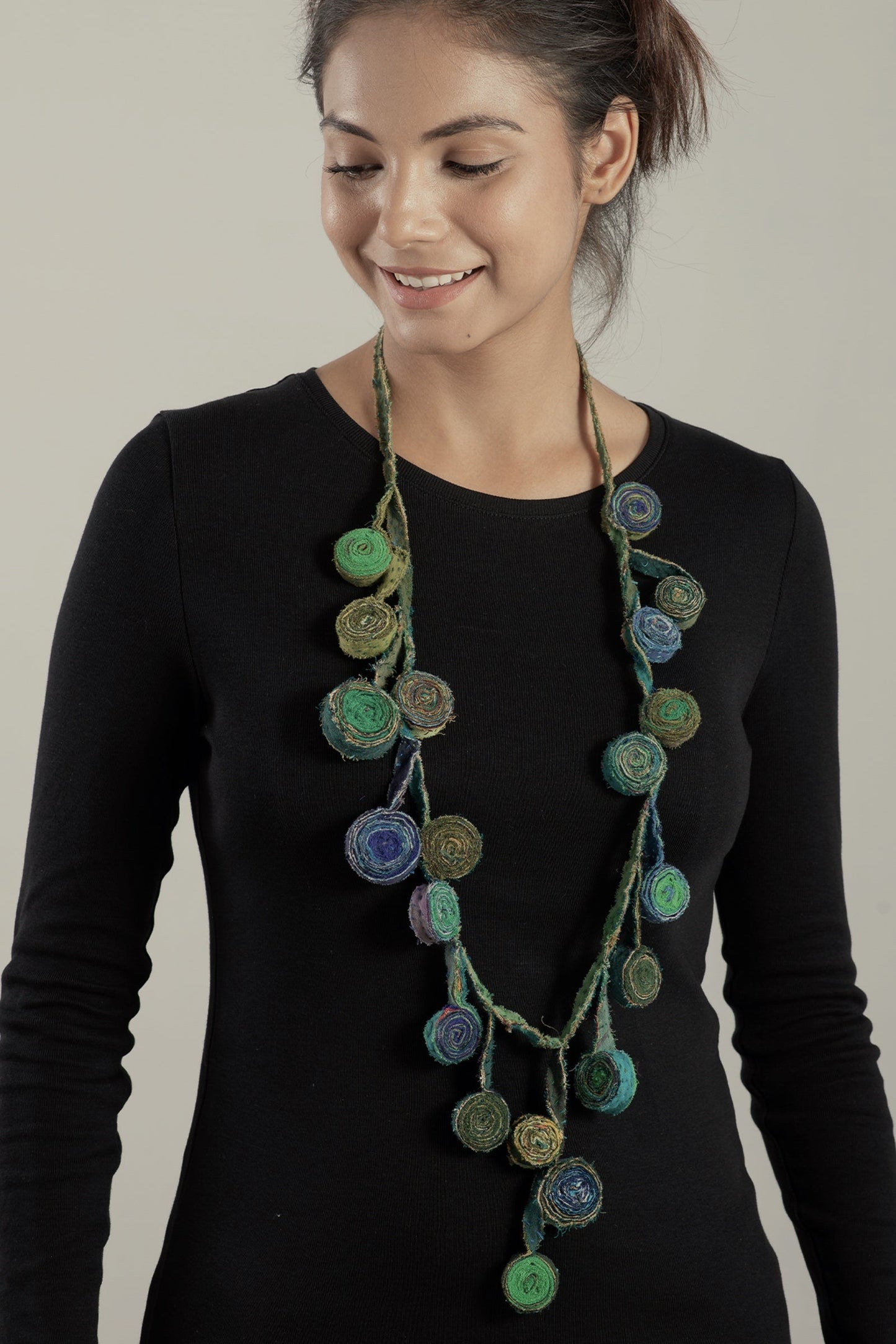 VINTAGE COTTON KANTHA EDDY LONG NECKLACE - cv2716-grn -
