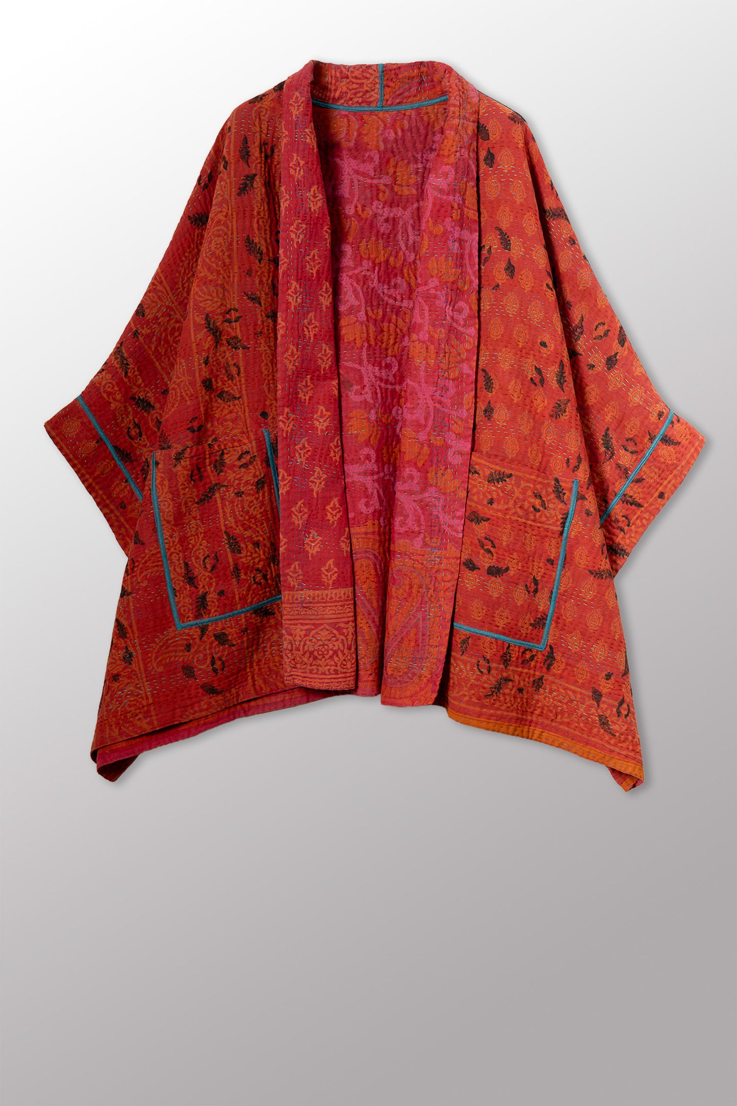 COTTON OVERDYE KANTHA DOUBLE COLLAR PONCHO - ov4323-corg001a -