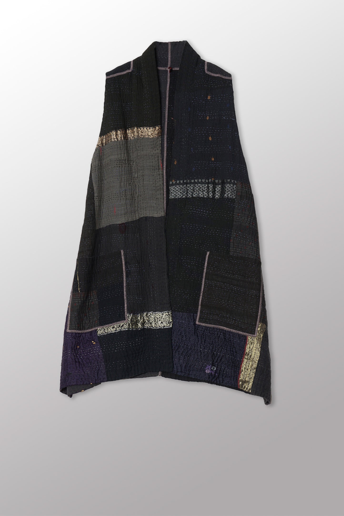 COTTON SILK SW PATCH KANTHA KIMONO VEST - ws4247-blk -