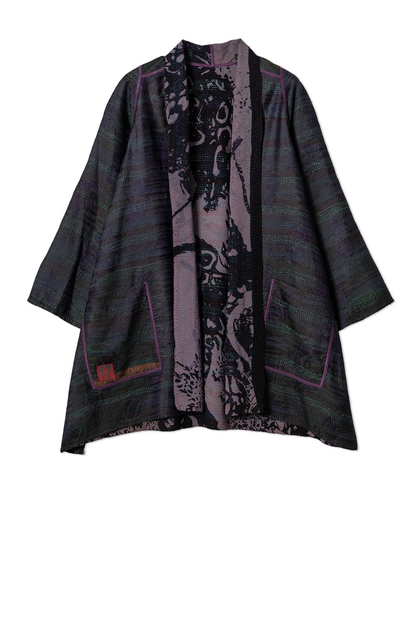 GEORGETTE JACQUARD VINTAGE SILK PATCH KANTHA A-LINE JACKET - gj2003-0004a -