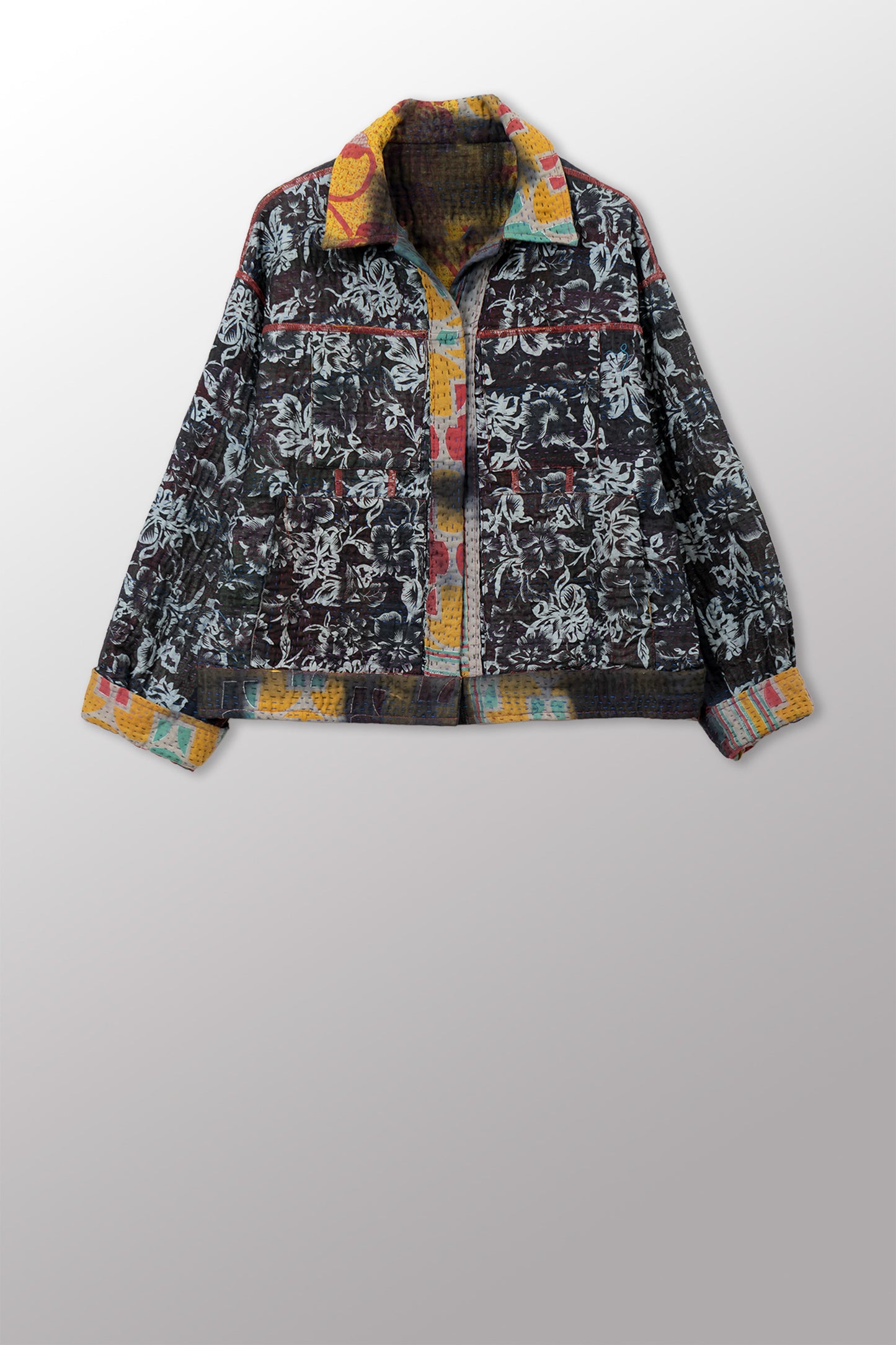 VINTAGE COTTON GREY CLAMP TIE DYE KANTHA OVERSIZED TRUCKER JACKET - su4j107-0001s -