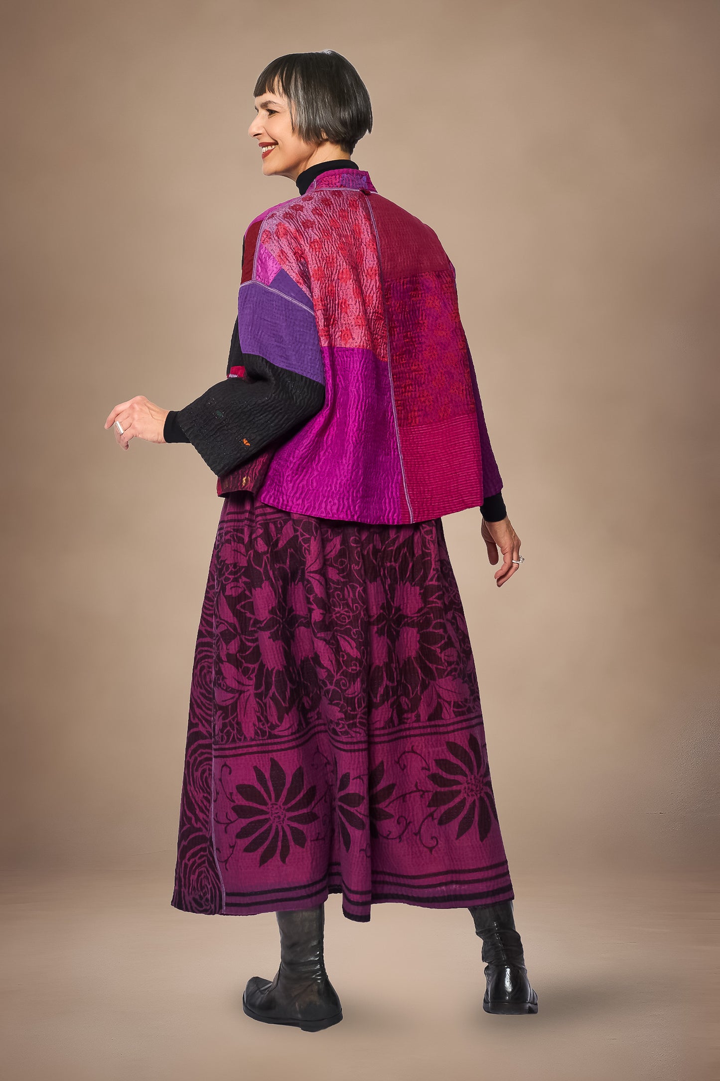 AMETHYST COTTON SILK KANTHA STAND COLLAR CROPPED JACKET - oc4034-prp -