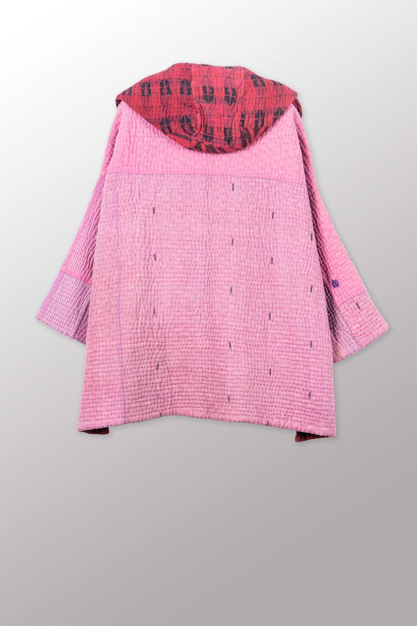 QUILTED OVERDYE COTTON KANTHA HOODIE PONCHO - oq5064-cred003a -