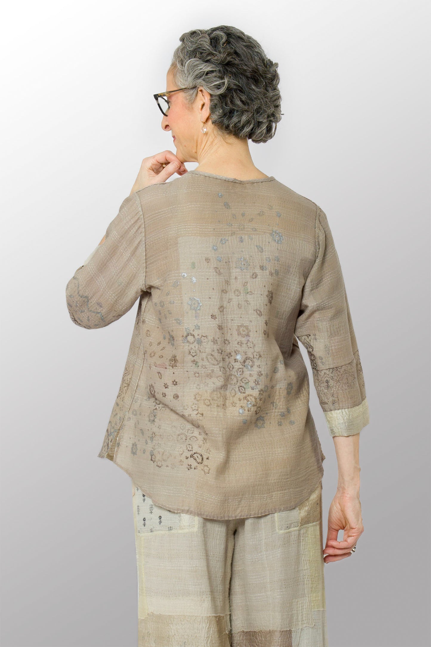 MOSAIC FRAY PATCH KANTHA KURTA TOP - zb2586-ivy -