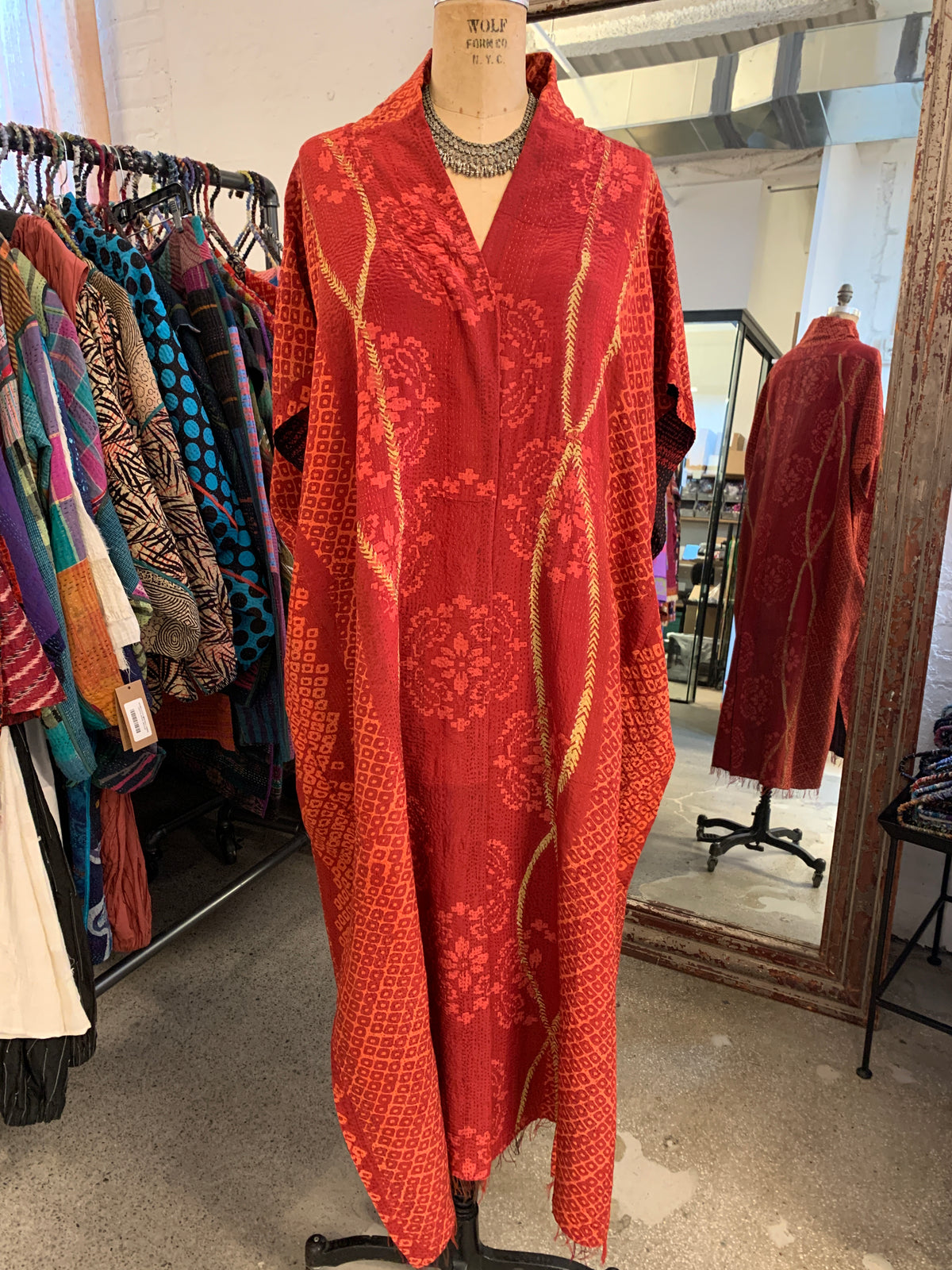 KIMONO PRINT KANTHA PONCHO DRESS - kp2443-red -