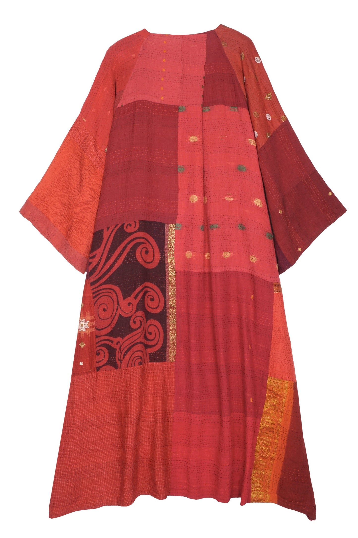 COTTON SILK SW PATCH KANTHA KIMONO MAXI - ws2318-red -