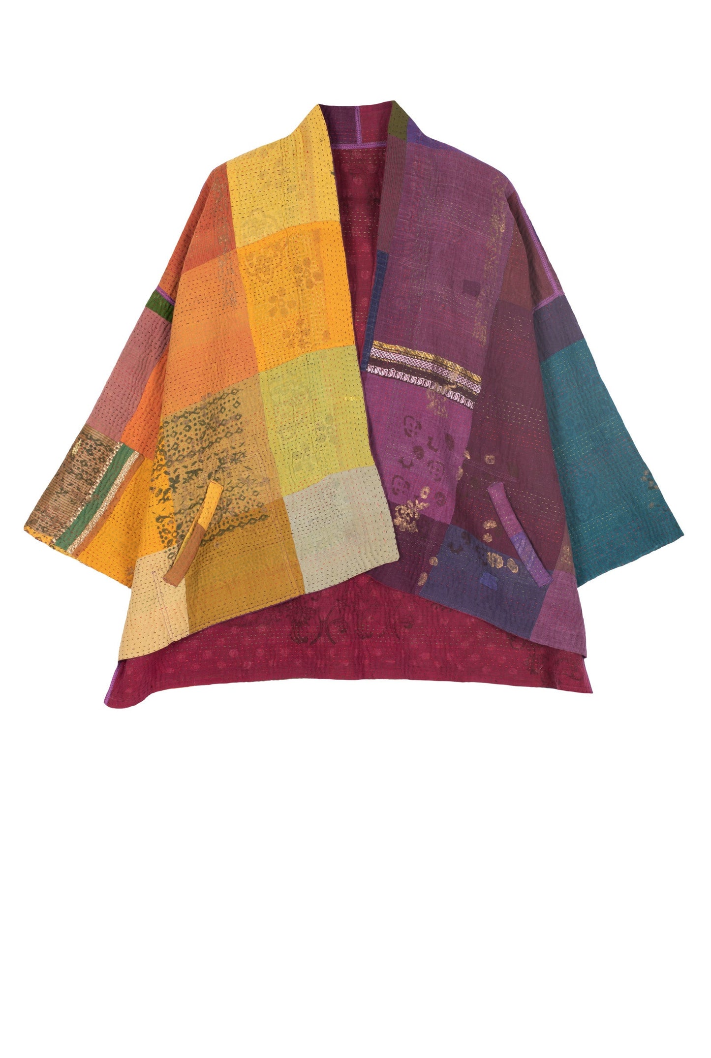 OMBRE PATCHED GOLD STAMP KANTHA  MINI KIMONO JACKET - og4055-mlt -