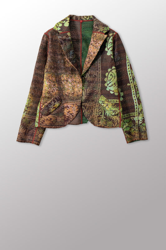 VINTAGE PRINTED SILK CLAMP DYE WITH JACQUARD KANTHA CROPPED BASIC JACKET - sk4096-0001m -