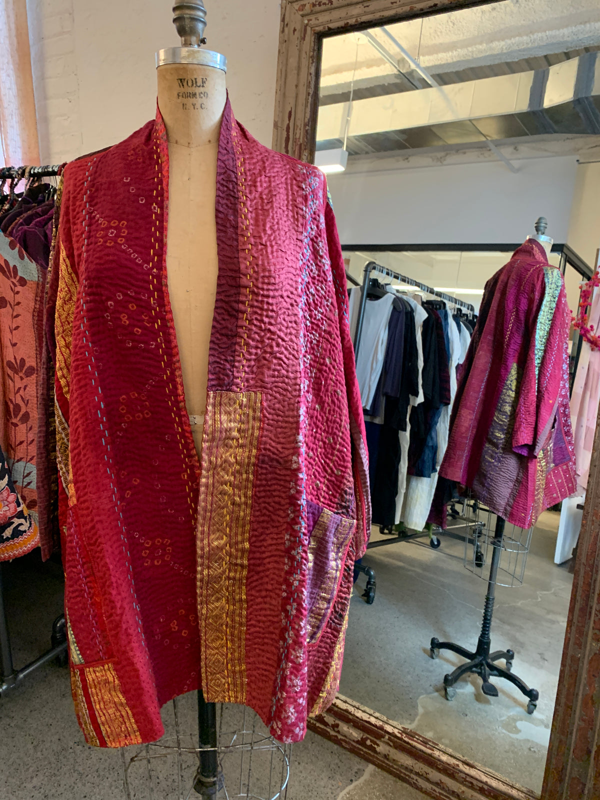 JEWEL WOVEN WITH VERTICAL PATCH KANTHA A-LINE JACKET - jv4003-red -