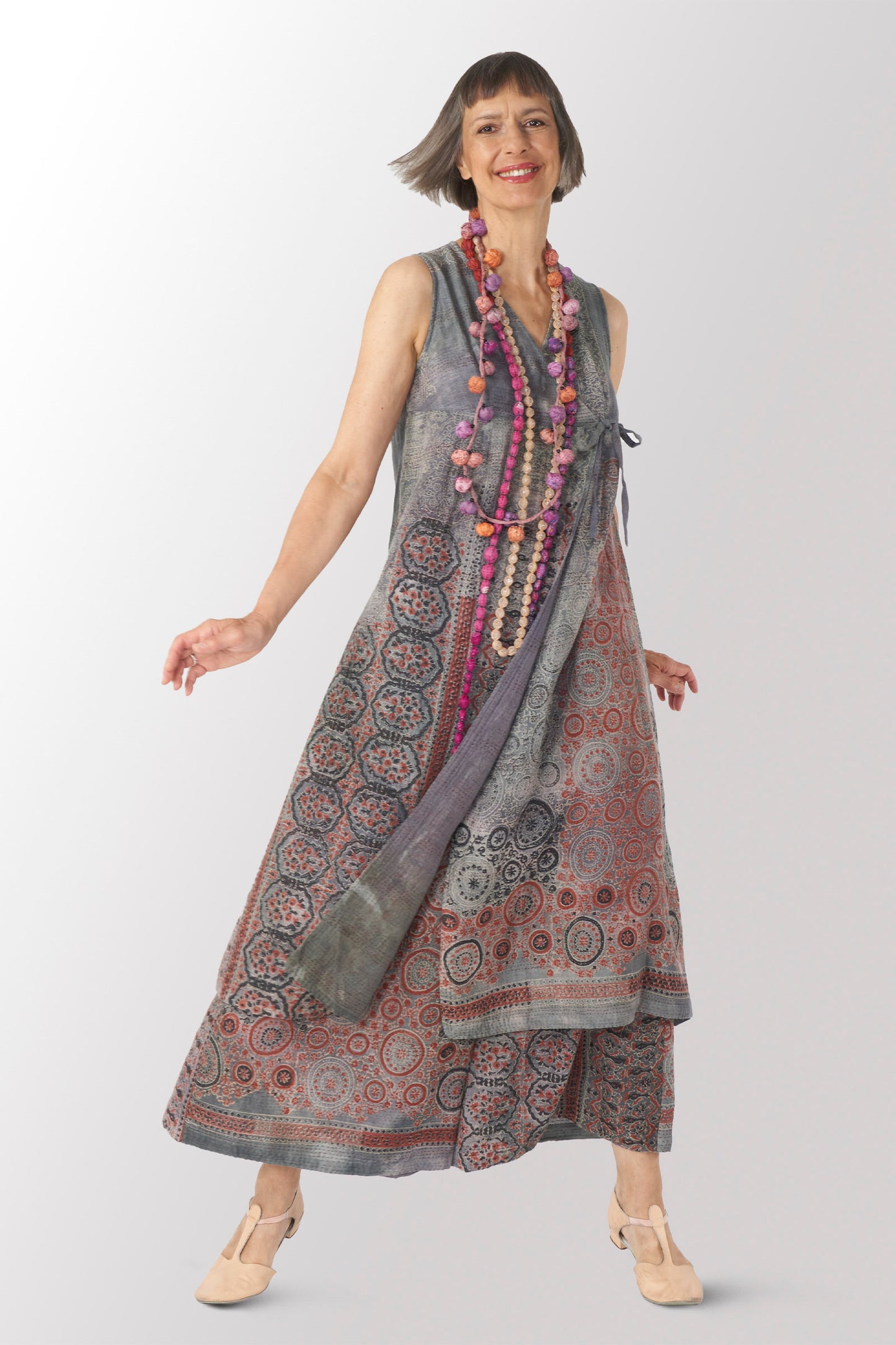 MANHATTAN AJRAKH KANTHA HIGH-WAIST DRESS - mh2447-gry -