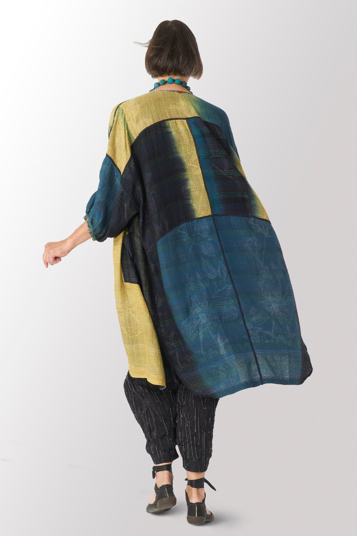 ORGANIC LEAVES KANTHA BLOCK DRESS - ol2449-blk -