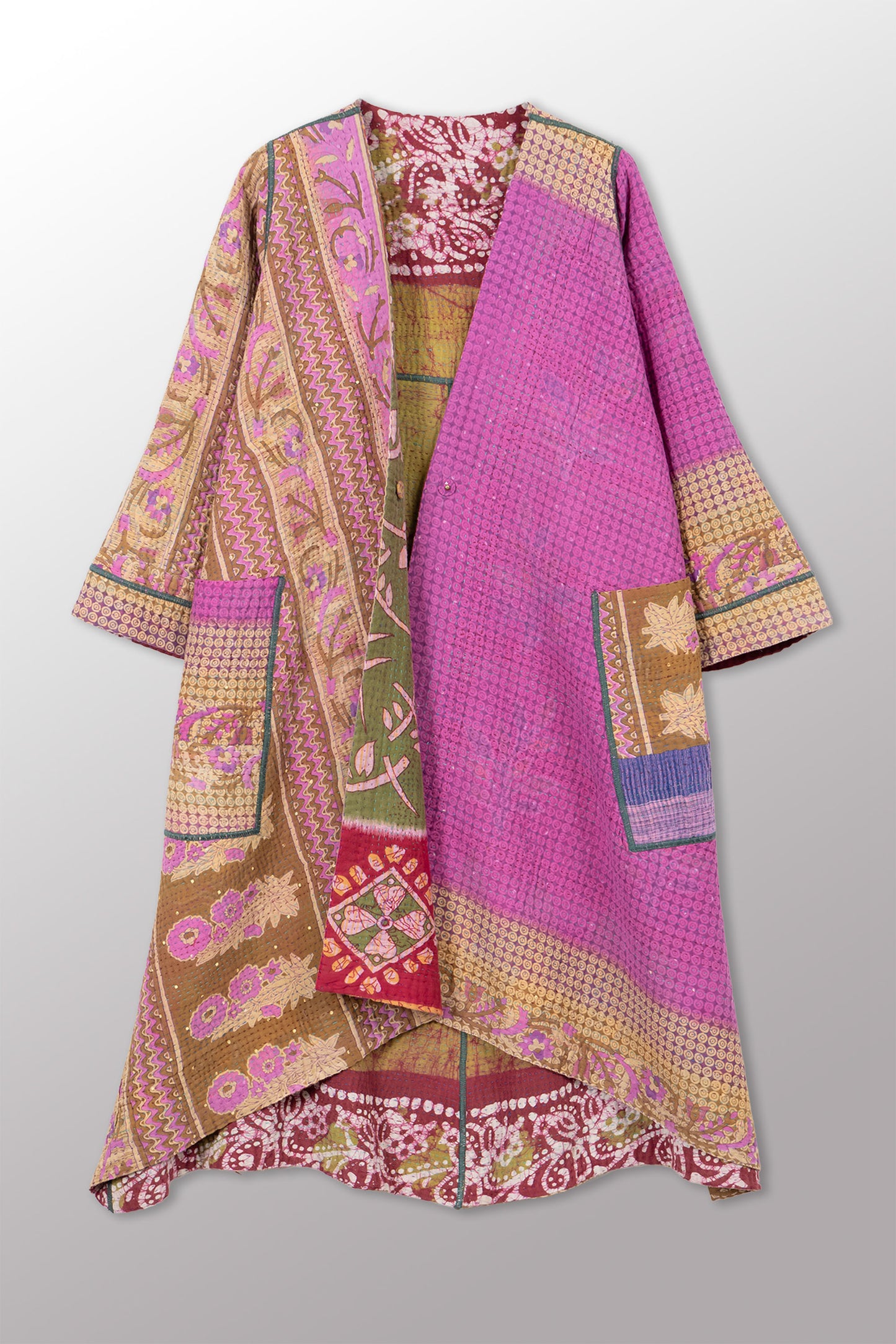 VINTAGE COTTON KANTHA WRAP FLARE COAT - cv4330-0033a -
