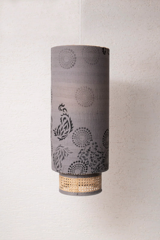 Kimono Cotton Kantha Hanging Lamp -Gray
