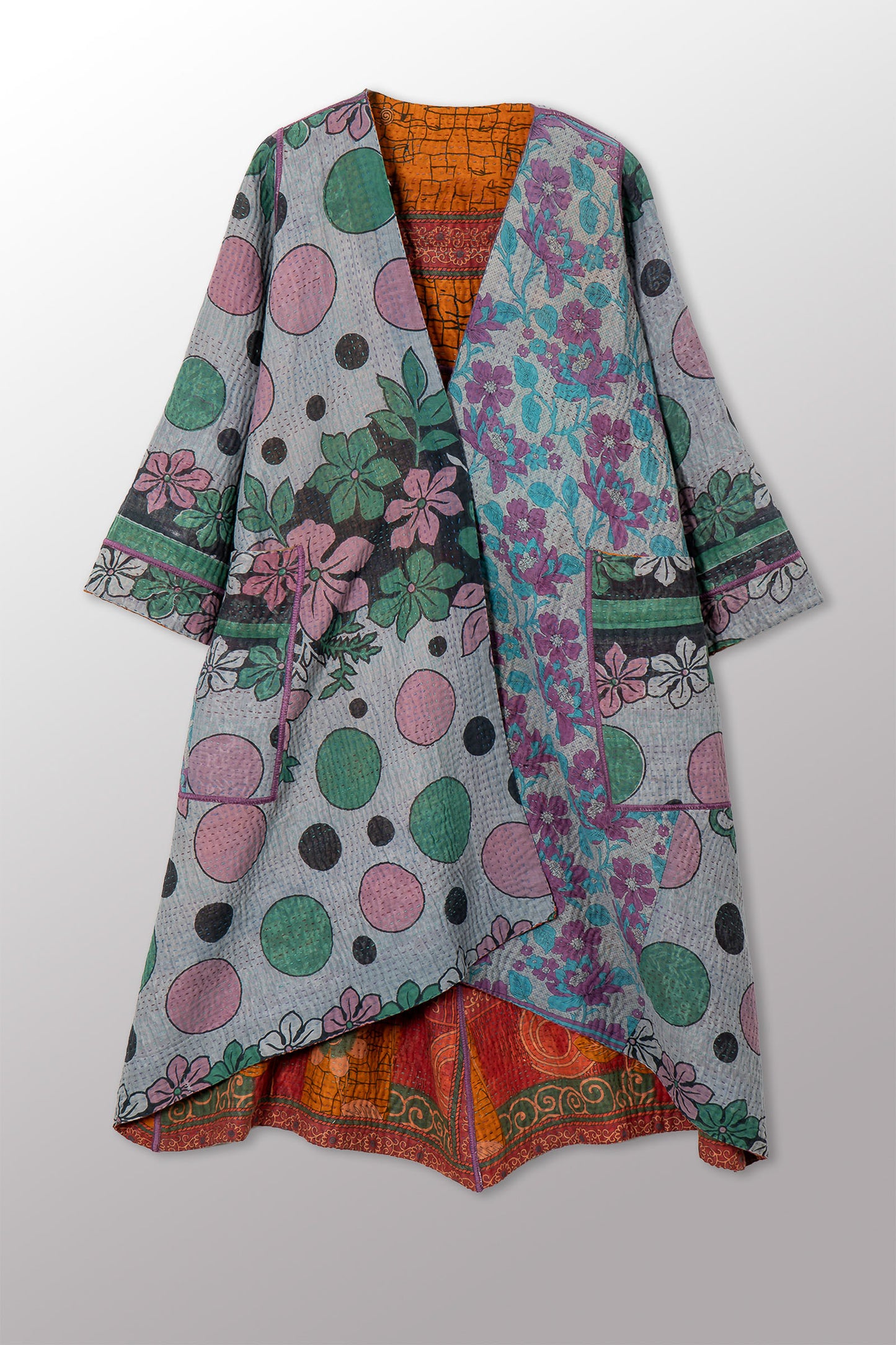 VINTAGE COTTON KANTHA WRAP FLARE COAT - cv4330-0028a -