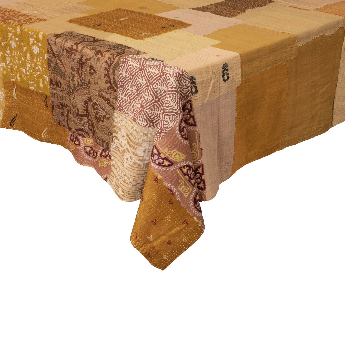 Printed Fray Vintage Cotton Kantha Table Cover  -Golden