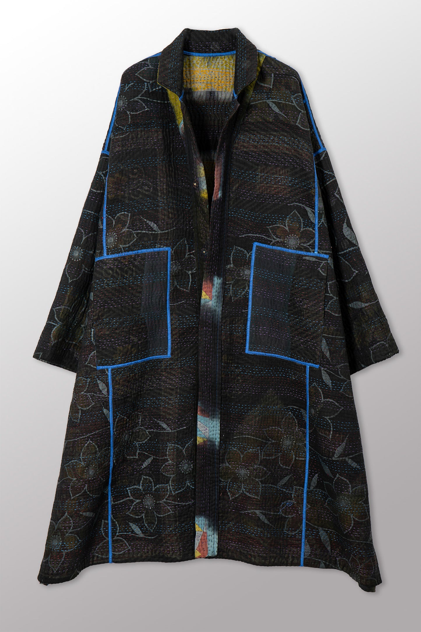 VINTAGE COTTON GREY CLAMP TIE DYE KANTHA  NEW OVERSIZED COAT - su4342-0002a -