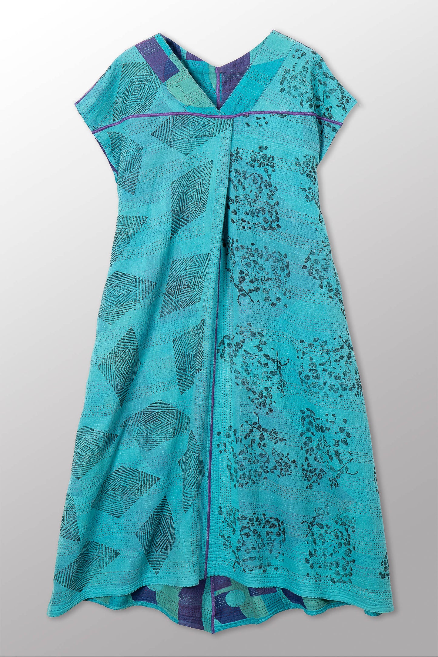 VINTAGE COTTON & NEW VOILE KANTHA V-NECK FRENCH SLV. DRESS - cn2467-0001s -