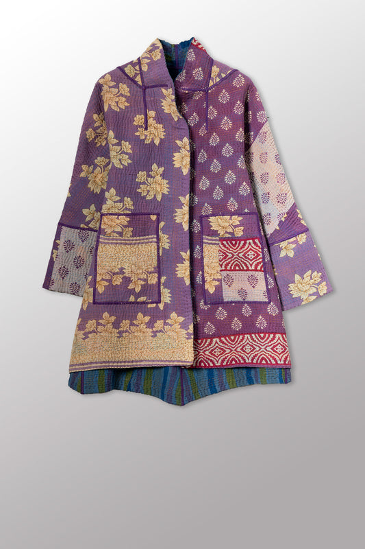 VINTAGE COTTON KANTHA FLARE LONG JACKET - cv4021-0057s -