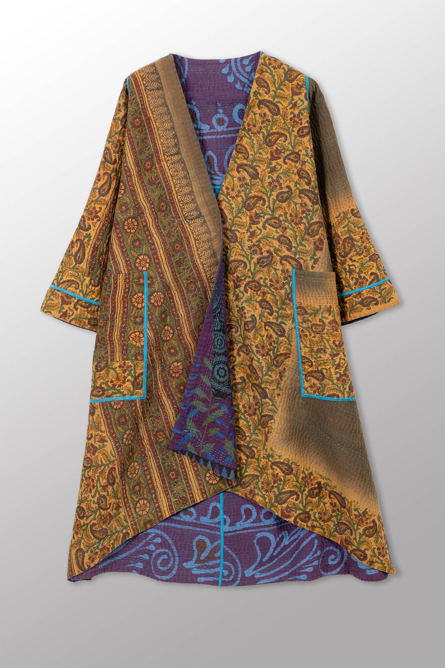 COTTON OVERDYE KANTHA WRAP FLARE COAT - ov4330-cblu004a -