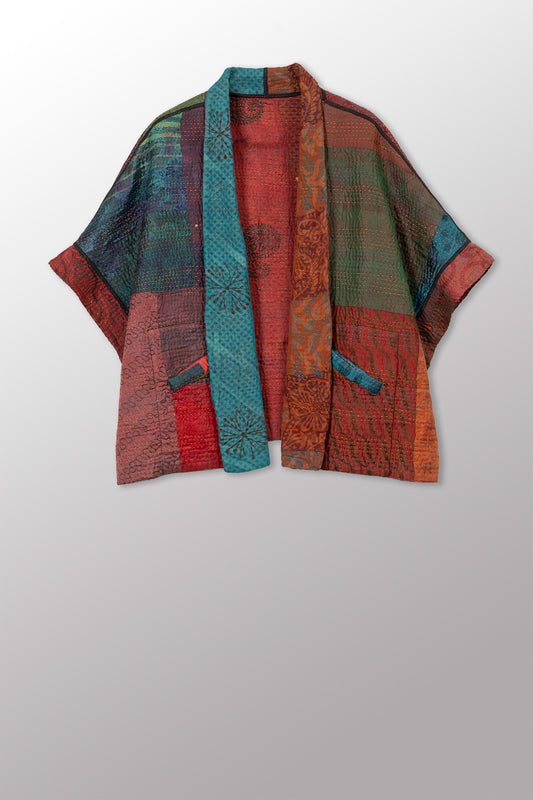 JACQUARD SILK KANTHA MINI PONCHO - js4060-cbrn001a -