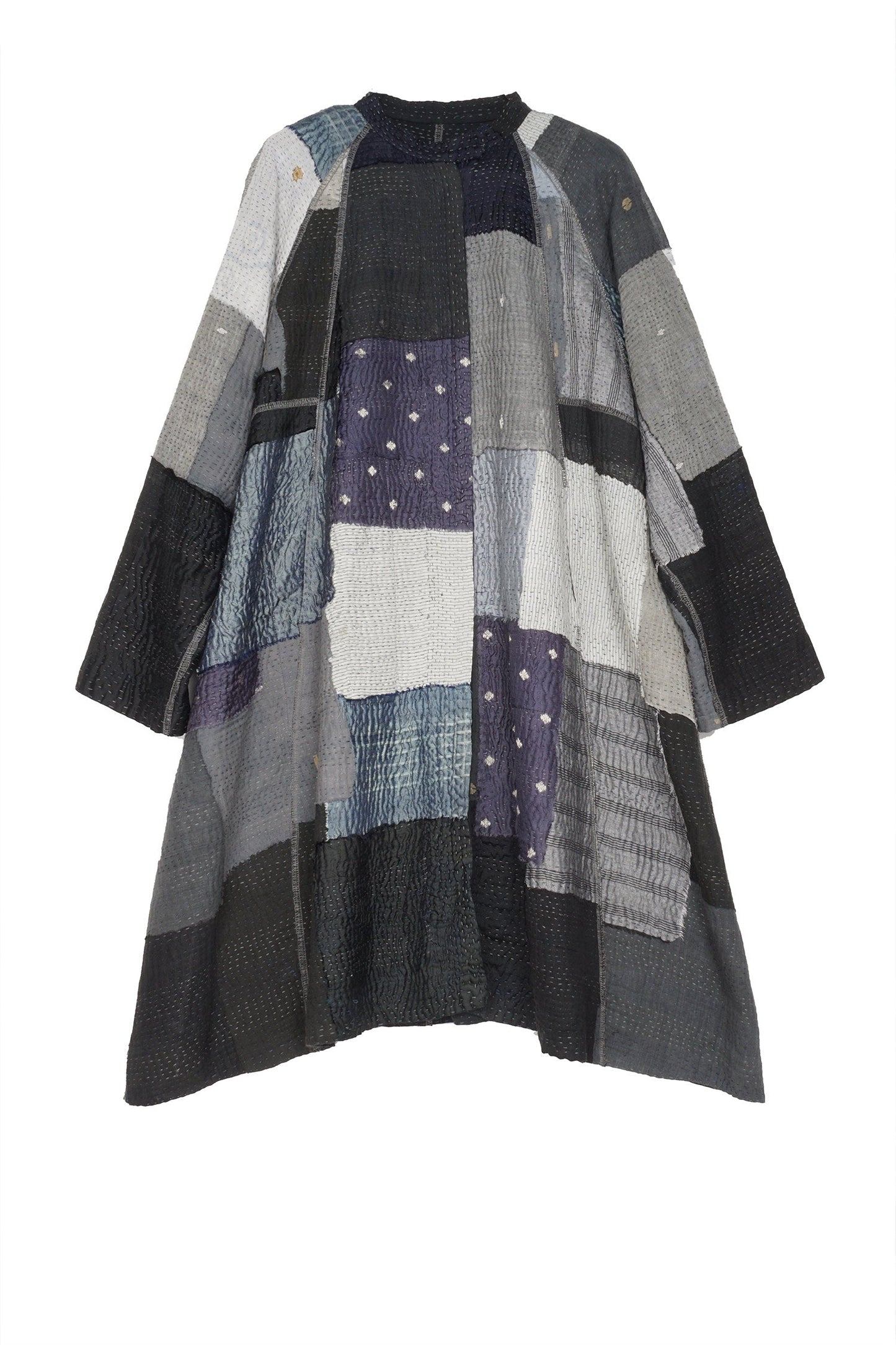 TWO TONE PATCH KANTHA BAND COLLAR DUSTER - tn4327-blk -