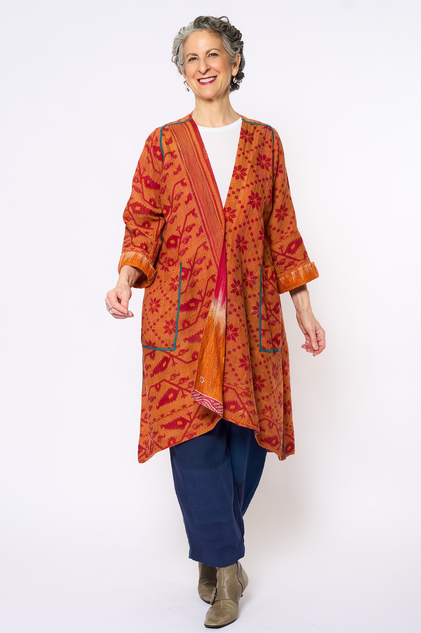 COTTON OVERDYE KANTHA WRAP FLARE COAT - ov2330-corg002a -
