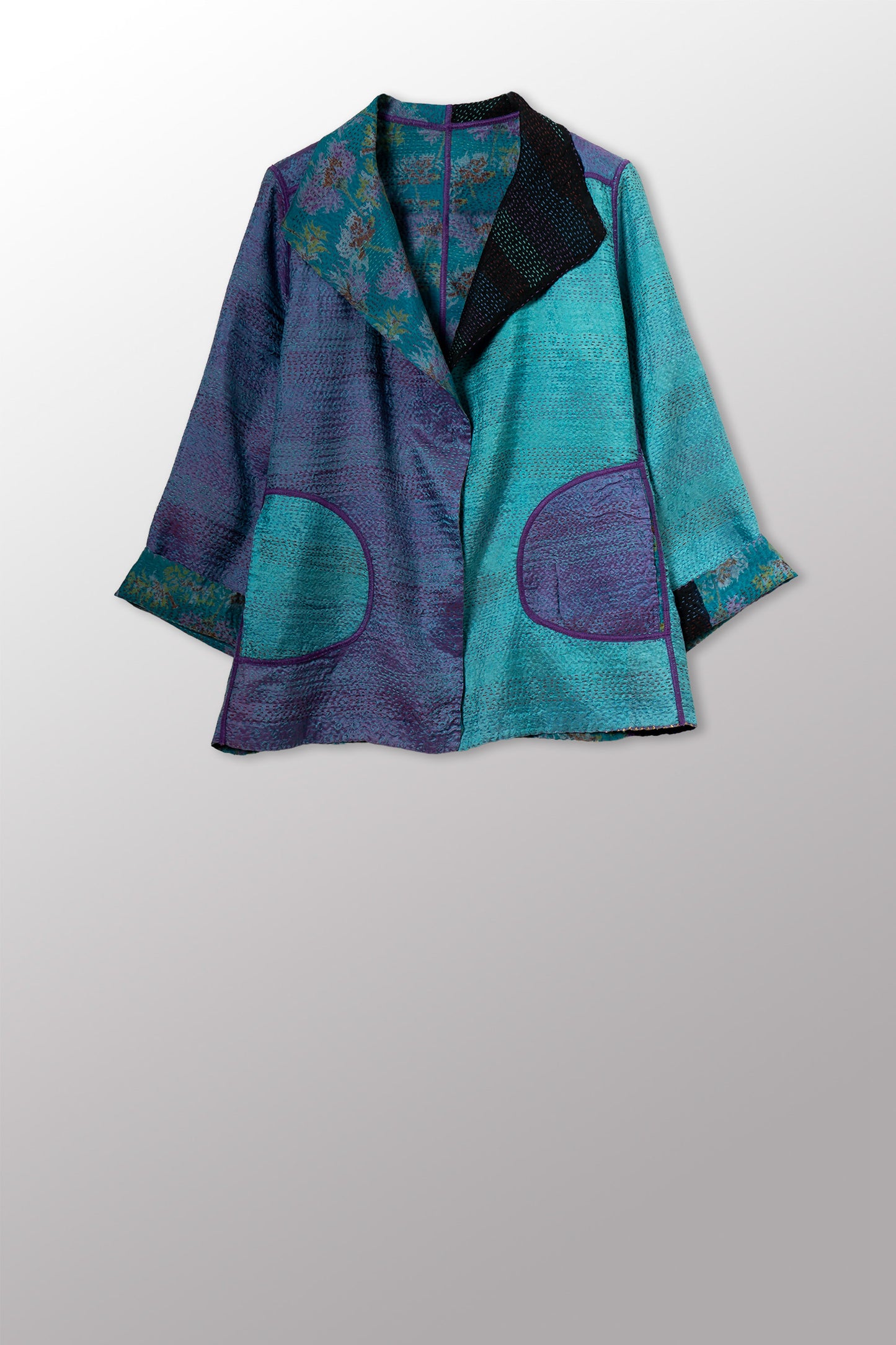 GEORGETTE JACQUARD VINTAGE SILK PATCH KANTHA SHORT JACKET - gj2007-0006s -